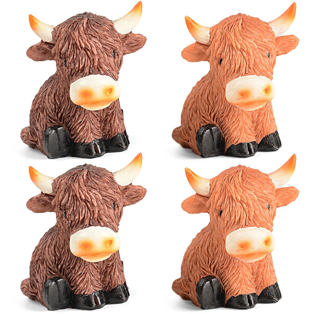 Highland Cow Decor Highland Cow Figurine Brown Scottish Highland Cow, Lifelike Highland Cow Statue Ornament Gifts for Cow Lover Cow Decoration Bathroom Office Nursery Desk (4Pcs Mini Cows)