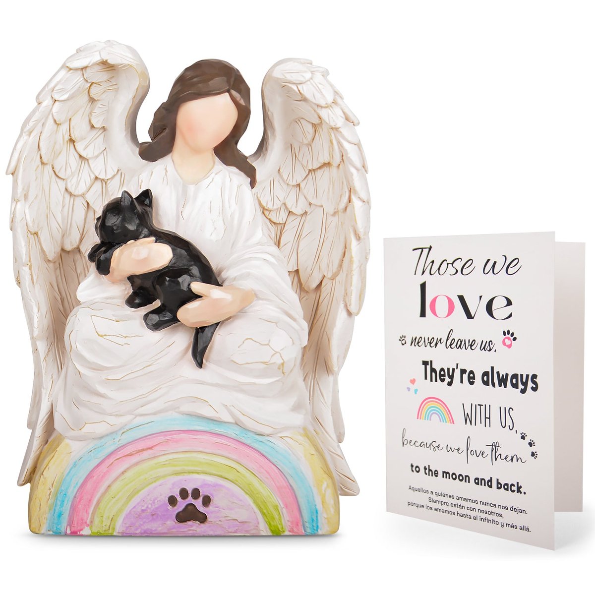 Cat Memorial Gifts for Cat Loss, Angel of Comfort Embraces a Black Cat Over The Rainbow Bridge Sculpted Hand Painted Figure with Sympathy Card