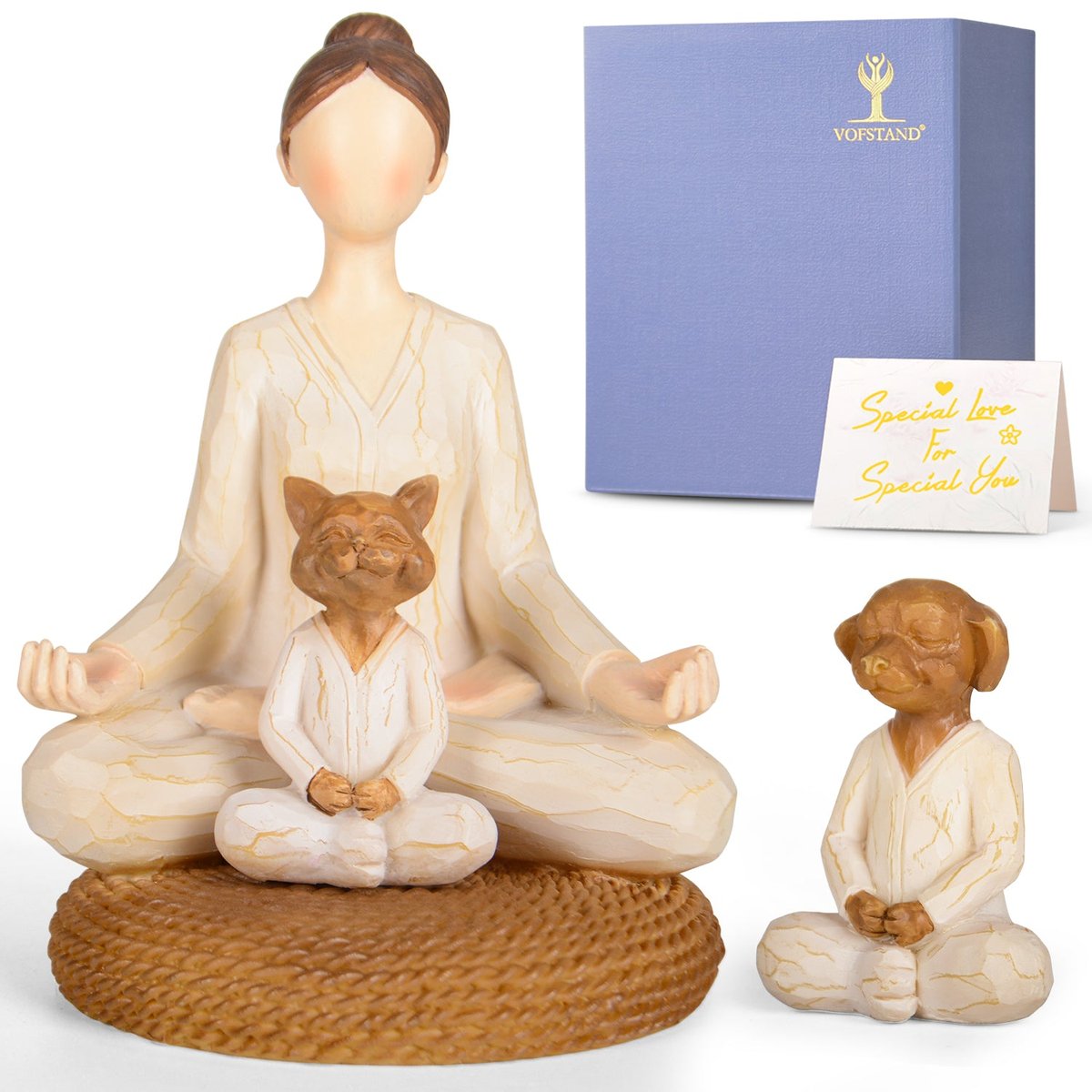 Yoga Meditation Girl with Cat and Dog Figurines - Spiritual Home Decor & Gift Set by VOFSTAND
