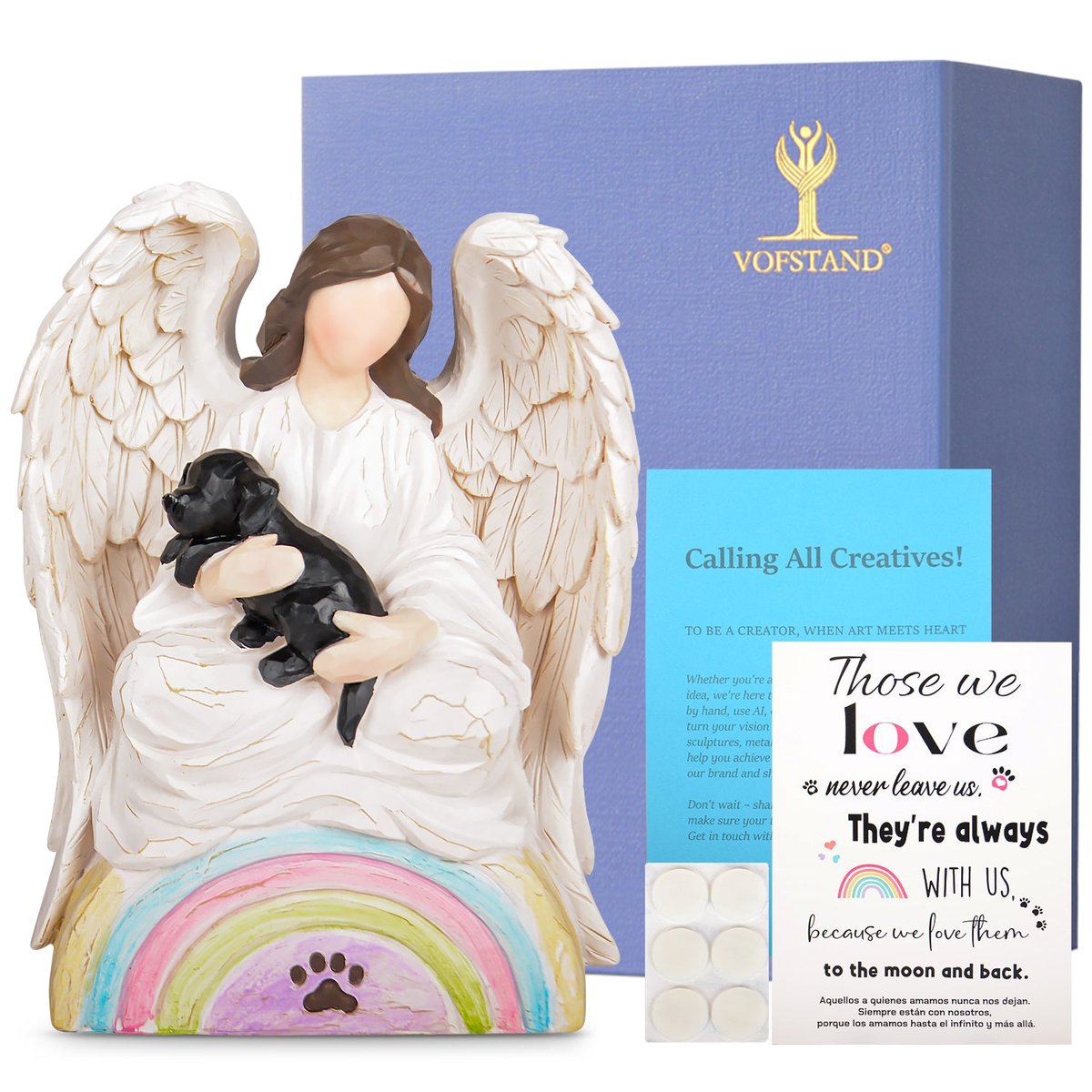 Dog Memorial Gifts for Loss of Dog, Angel of Comfort Embraces a Black Pet Over The Rainbow Bridge Sculpted Hand Painted Figure with Sympathy Card