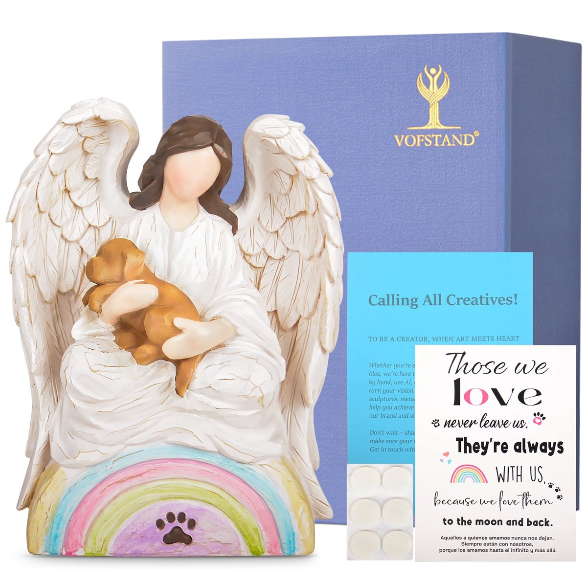 Dog Memorial Gifts for Loss of Dog, Angel of Comfort Embraces a Black Pet Over The Rainbow Bridge Sculpted Hand Painted Figure with Sympathy Card — view 2