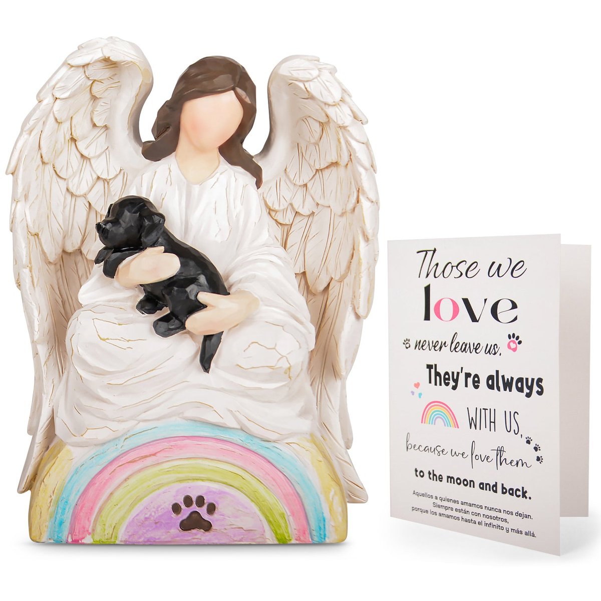 Dog Memorial Gifts for Loss of Dog, Angel of Comfort Embraces a Black Pet Over The Rainbow Bridge Sculpted Hand Painted Figure with Sympathy Card — view 4