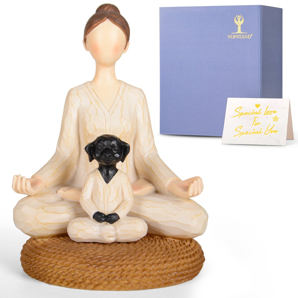 Cute Yoga Girl with Black Dog Figurine - Women's Relaxation Gift, Yoga Meditation Statue for Office Decor, Perfect for Yoga & Dog Lovers