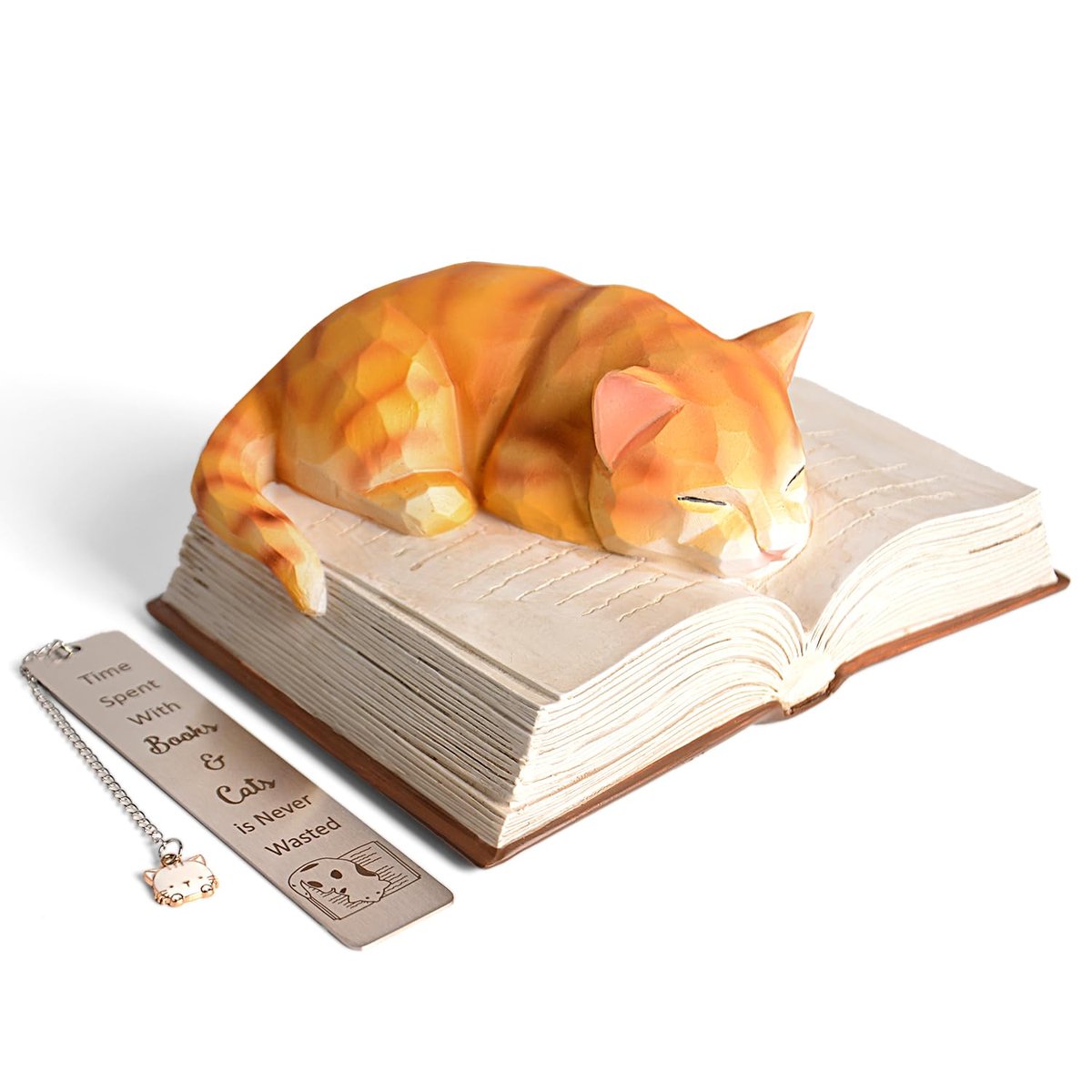 Vofstand Sleeping Orange Tabby Cat on Open Book Figurine Paperweight
