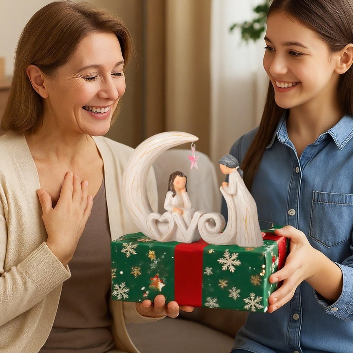 Mother Daughter Figurine, Love You to The Moon and Back Resin Statue Gift — view 2