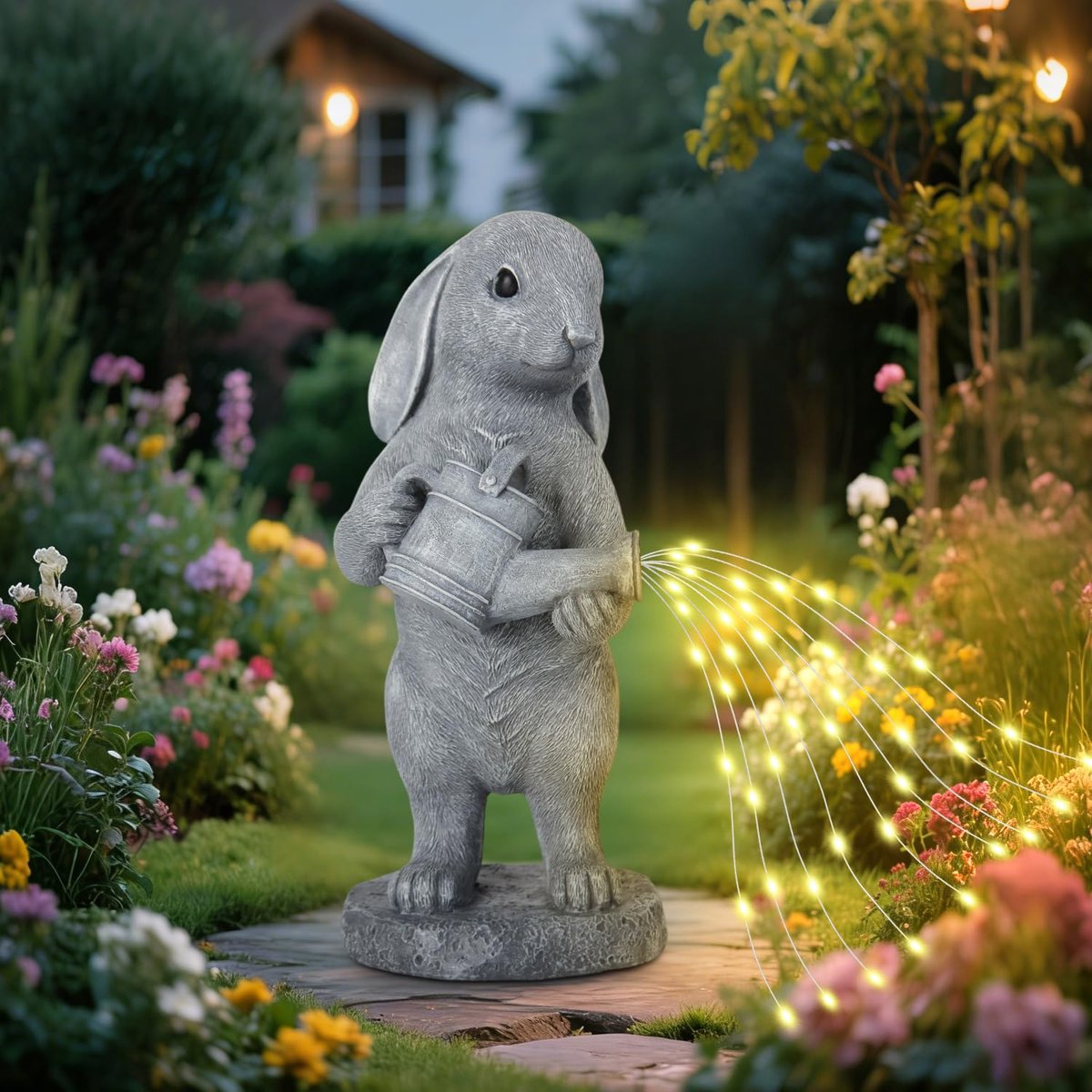 Rabbit Garden Statue with Watering Can Solar Lights Outdoor Yard Lawn Decor