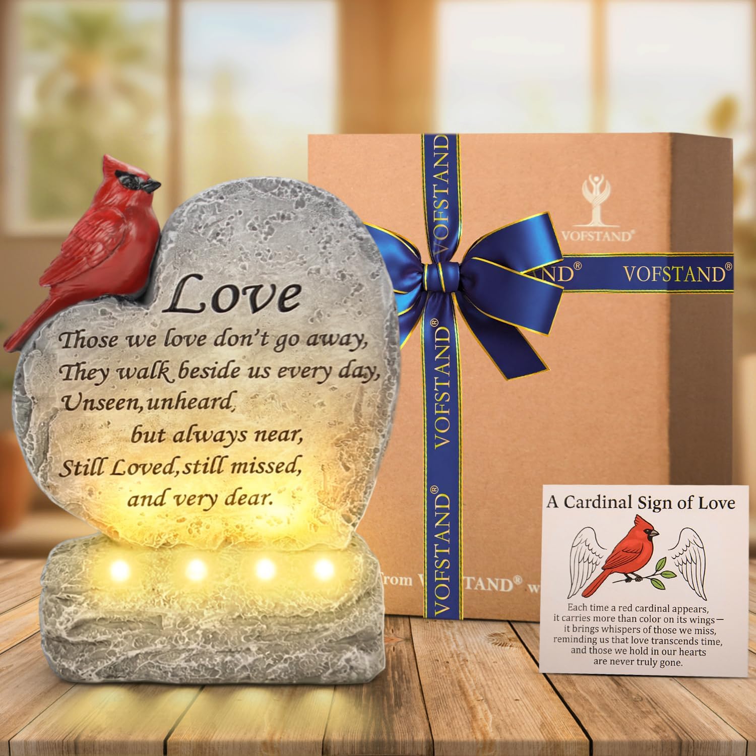 VOFSTAND Solar Cardinal Memorial Stone, Heart Shaped Red Cardinal