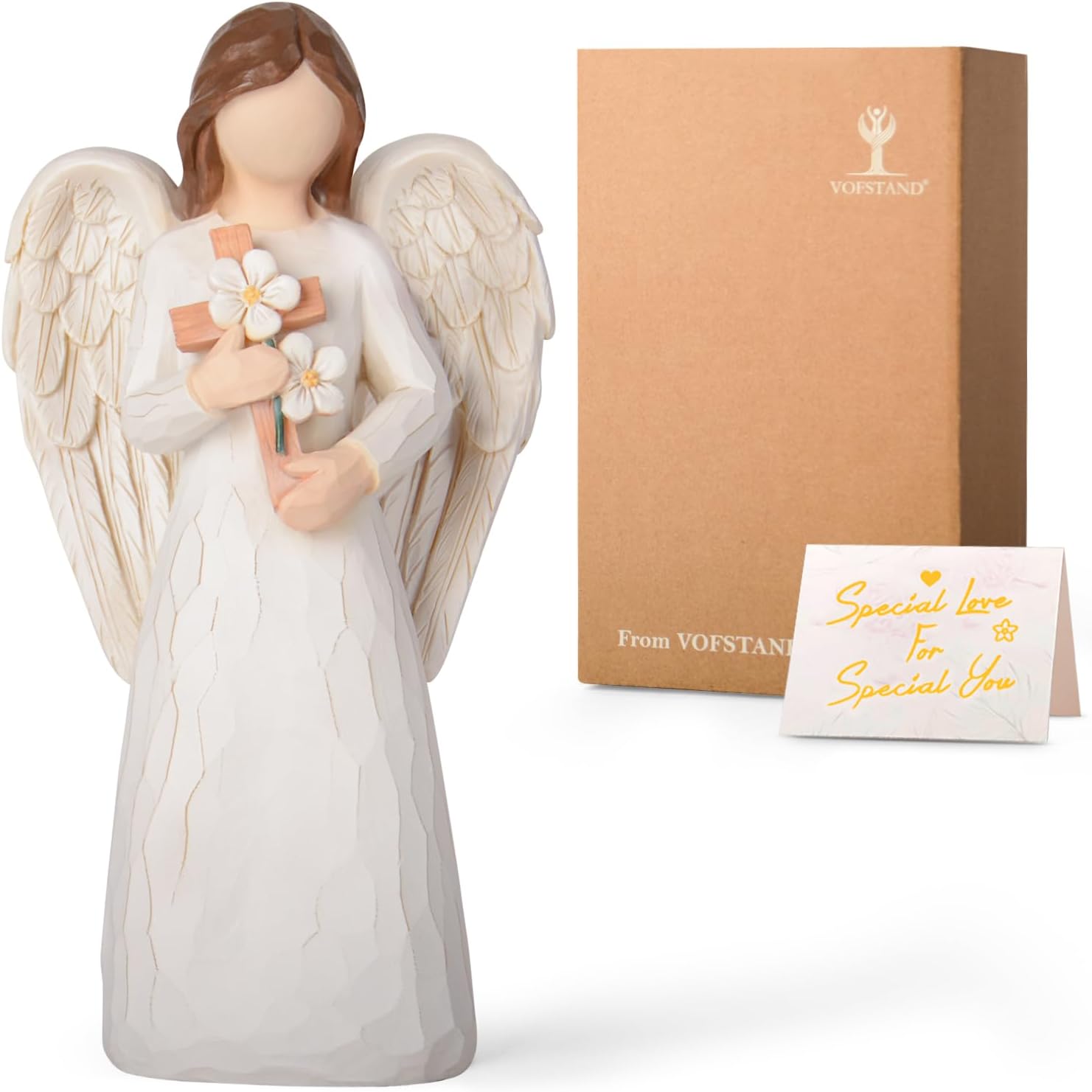 VOFSTAND Sympathy Gifts for Loss of Loved One - 6.7” Hand-Painted Angel Figurine Holding Cross with Flowers, Memorial Gifts for Loss of Mother Father, Remembrance Angel Statue Grief Gifts