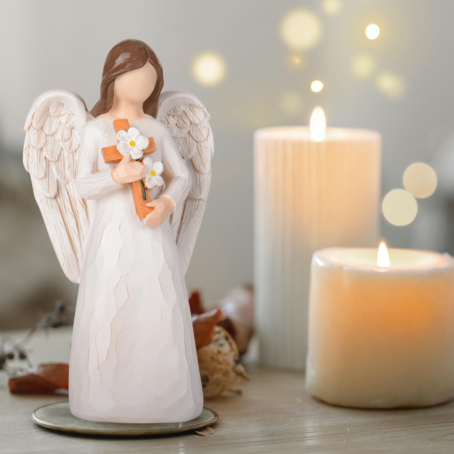 VOFSTAND Sympathy Gifts for Loss of Loved One - 6.7” Hand-Painted Angel Figurine Holding Cross with Flowers, Memorial Gifts for Loss of Mother Father, Remembrance Angel Statue Grief Gifts — view 2