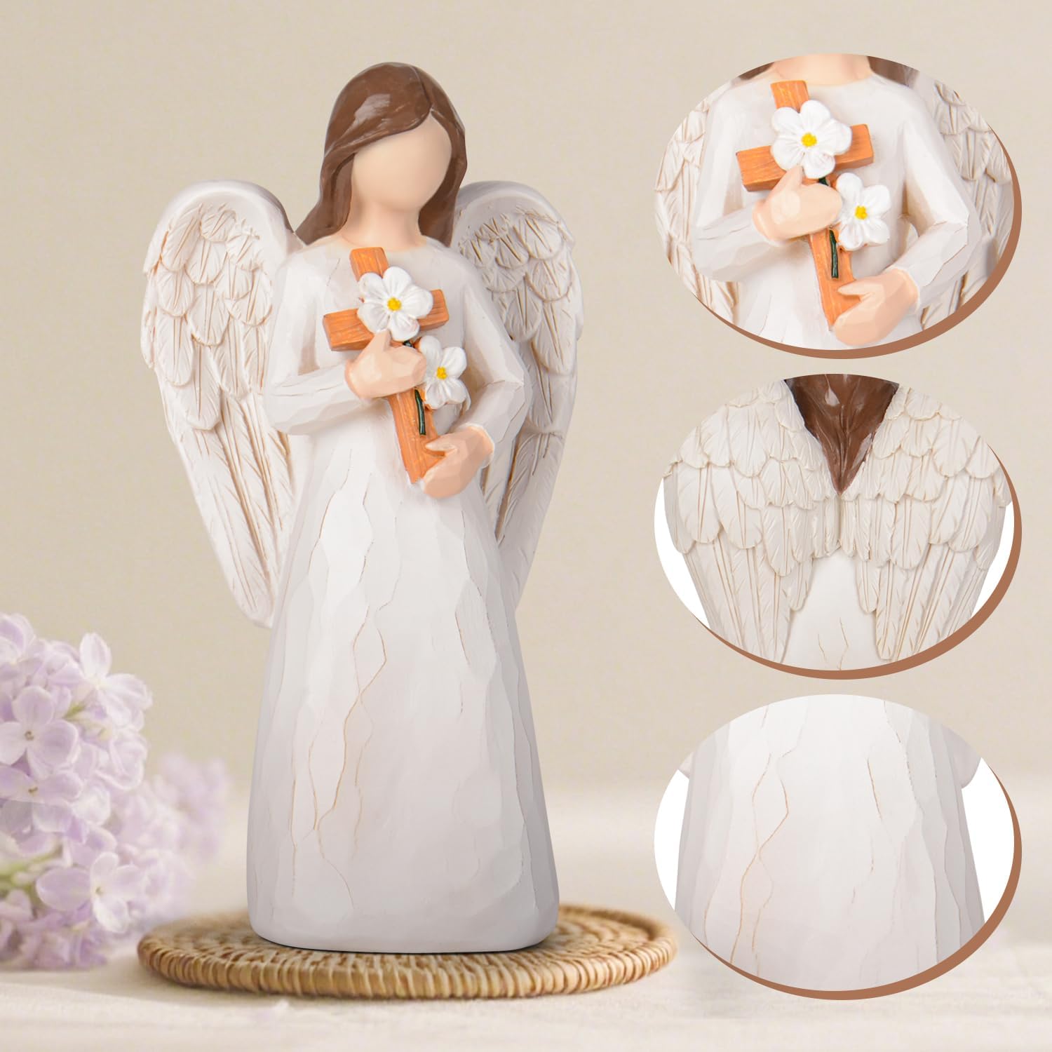VOFSTAND Sympathy Gifts for Loss of Loved One - 6.7” Hand-Painted Angel Figurine Holding Cross with Flowers, Memorial Gifts for Loss of Mother Father, Remembrance Angel Statue Grief Gifts — view 4